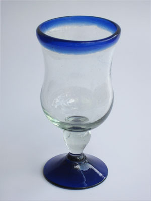 VIDRIO SOPLADO / Juego de 6 copas curvas para vino con borde azul cobalto